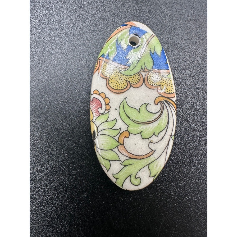 Vintage Ceramic Oval Pendant‎ 1961 Floral Scroll Multicolor Design Jewelry Piece